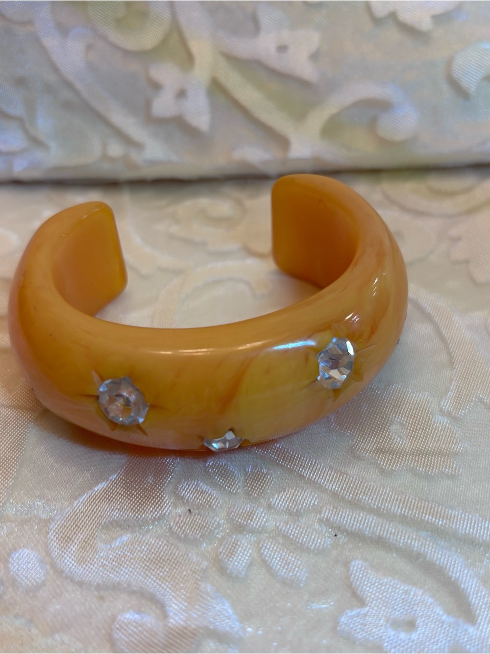 Vtg Chunky Butterscotch Bakelite Cuff Bracelet w/ Rhinestones